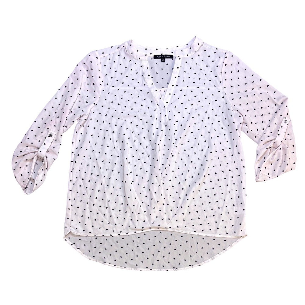 Lynn Ryan White Heart Print 3/4 Sleeve Blouse‎ Top Size 1X Casual Cute